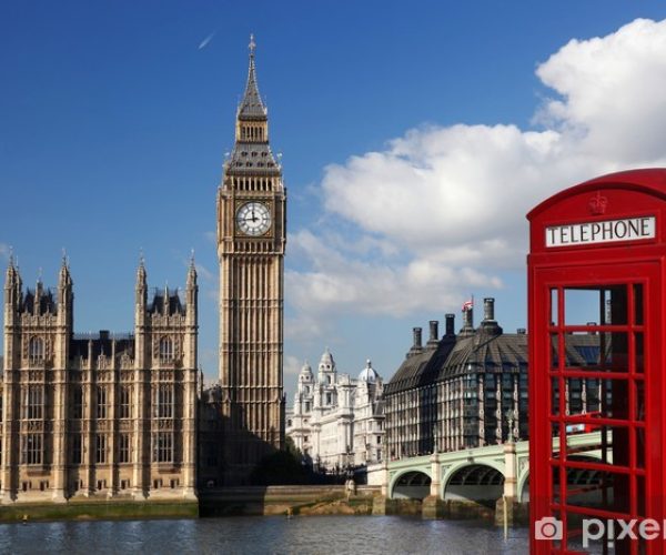 Big Ben with red telephone box in London, England