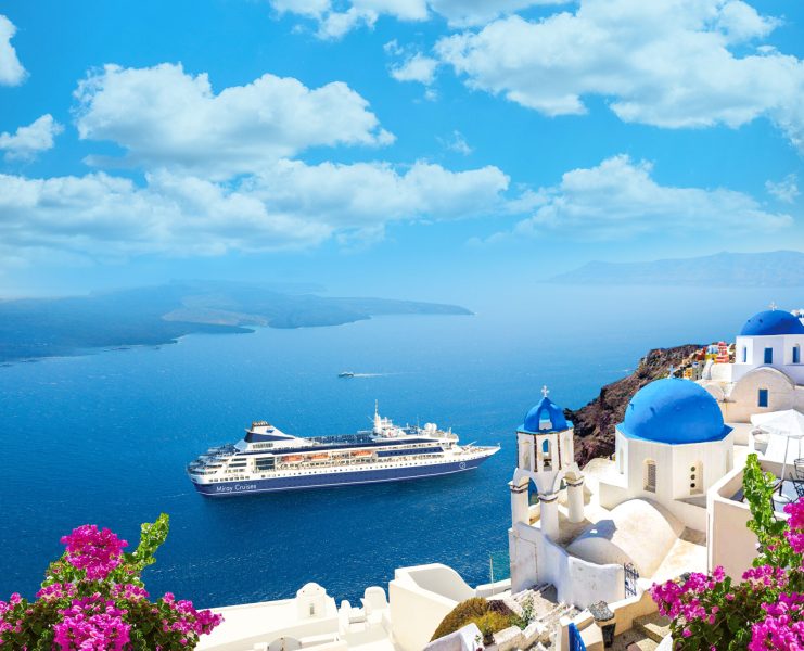 White architecture on Santorini island, Greece. Beautiful landscape with sea view. Travel and vacation
