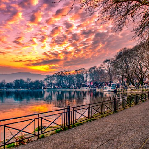 View to the lake Pamvotis at sunset. Ioannina city, Greece.